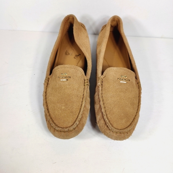 Coach Amber Tan Suede Women's Moccasin Flats Leather Slip On Comfy Loafers Sz 8B - Picture 1 of 8